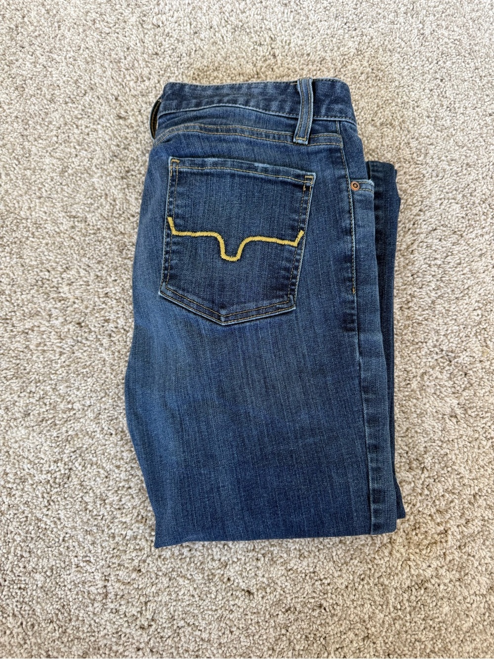 Kimes Ranch Women's Dark Blue Straight Leg Jeans with Yellow Pocket Stitch